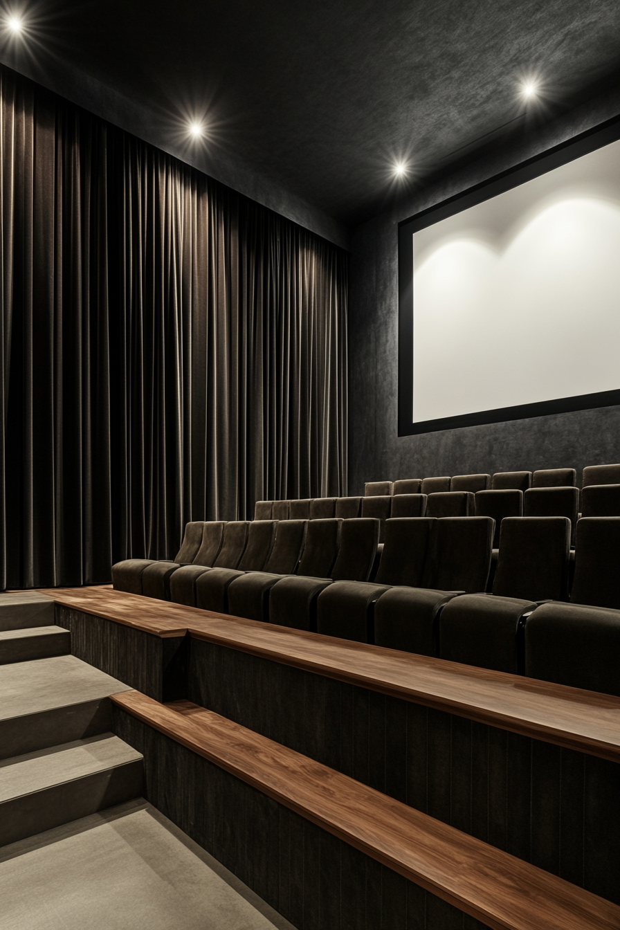 Contemporary tiny theater. Dark velvet curtains, walnut tiered seats, stark white projector wall.