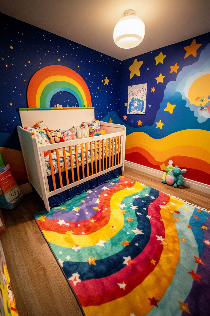 Wide angle view. Cheerful baby space with rainbow murals and star patterned bedding.