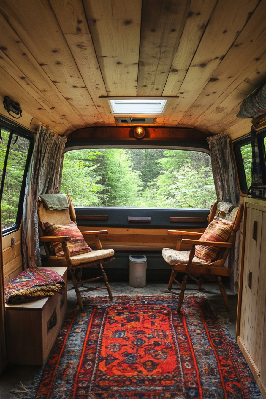 Van lounge. Pine paneling, camp chairs, rear window overlooking dense deciduous woods.