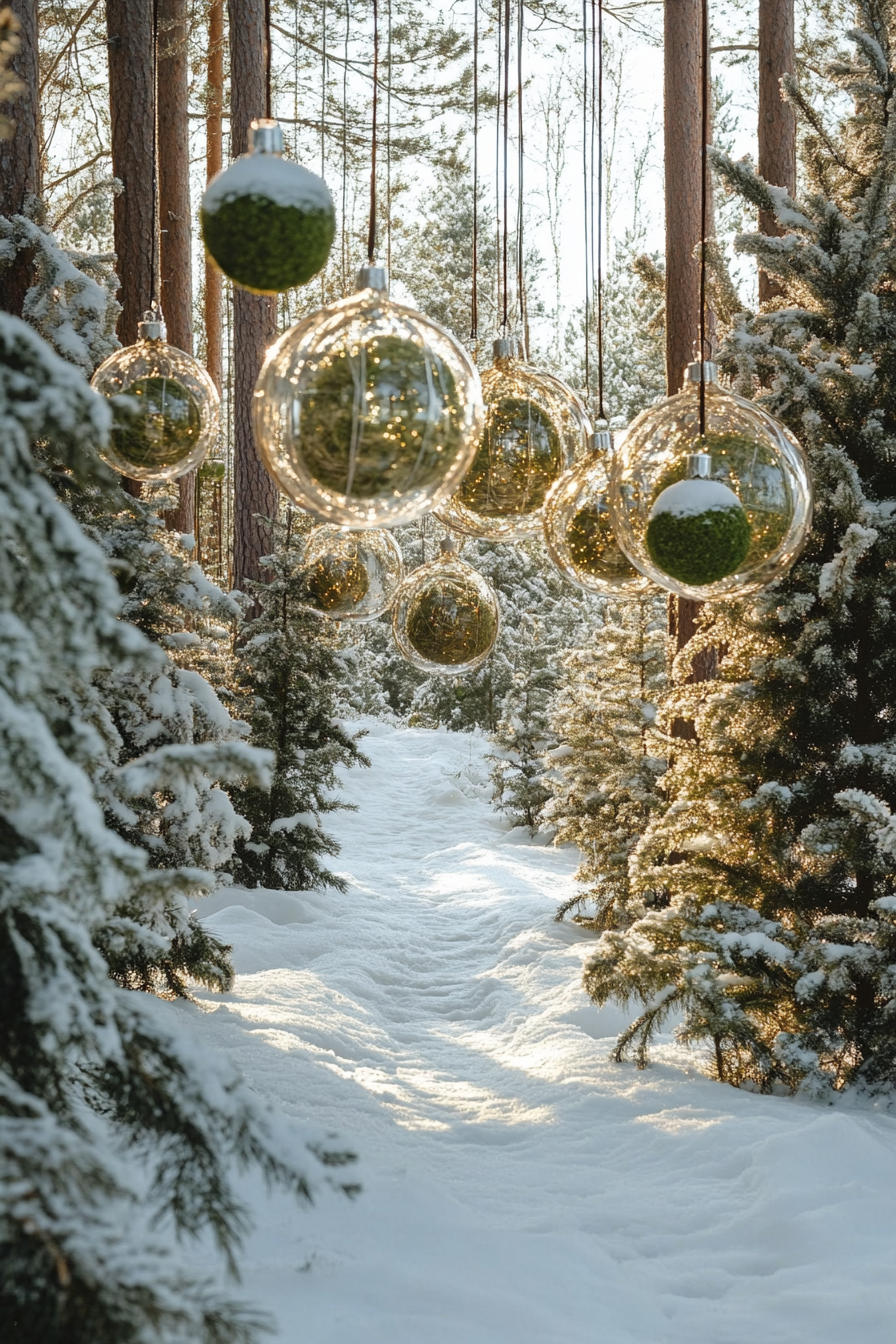 Wide angle view. Mossy whimsical decorations amidst snowy pines for holiday space.