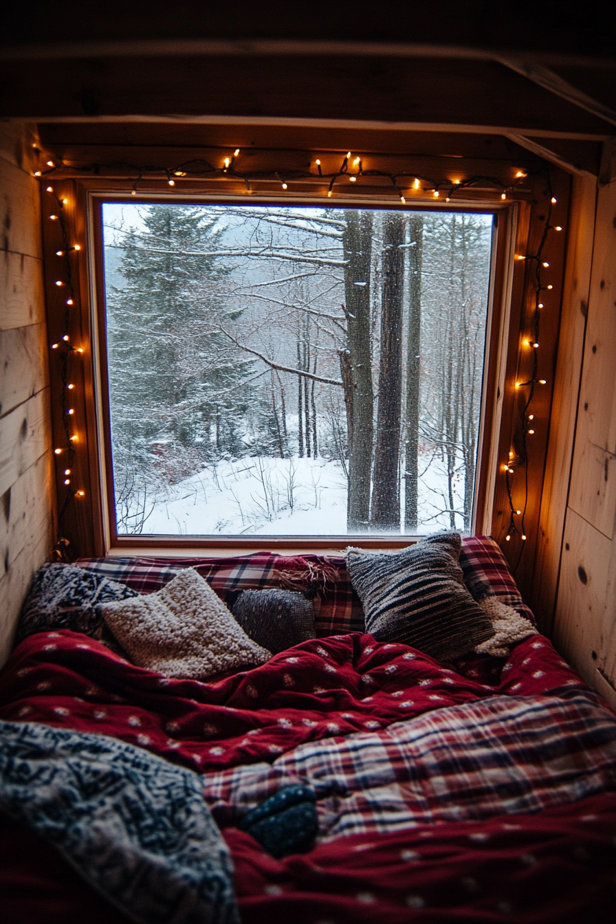 Festive sleeping nook. Flannel bedding, string lights, wide-angle view of a winter wonderland.