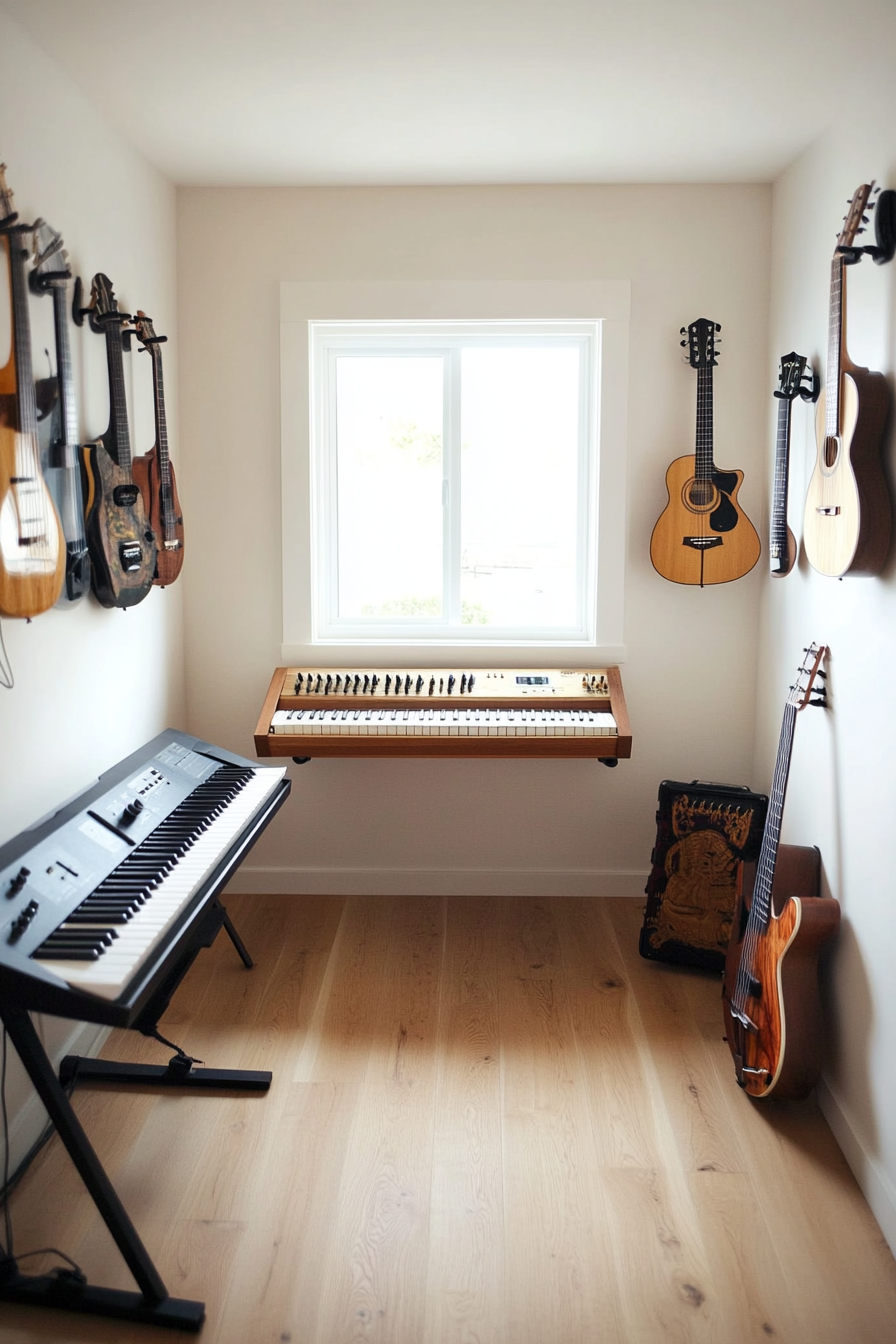 Tiny music room. White soundproofed walls, cedar flooring, wall-mounted keyboard, and walnut guitar rack.