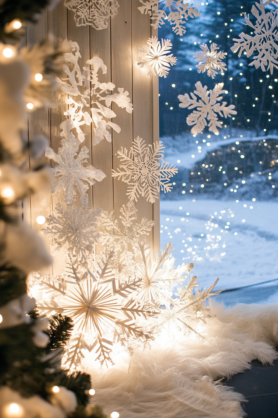 Modern Christmas décor view. White lights, paper snowflakes, frosty valley backdrop.