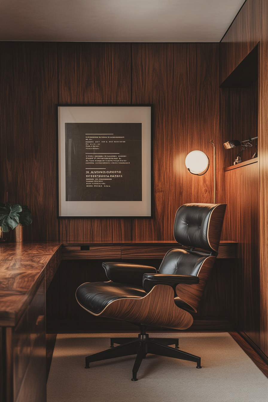 Wide-angle mobile workspace view. Walnut-panelling, Helvetica quote poster, vintage Eames chair in sepia-toned lighting.