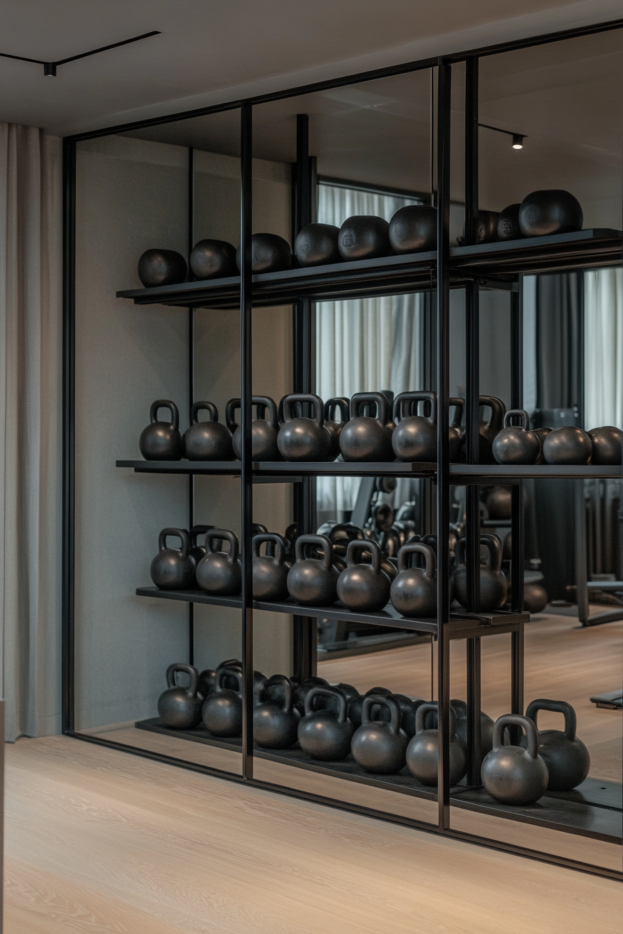 Contemporary tiny gym. Steel rack storing kettlebells against mirrored wall.