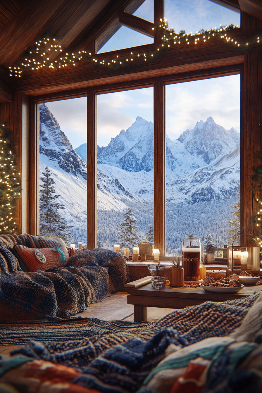 Ski lodge interior. Wool blankets, hot cocoa station before snow-capped peaks view.