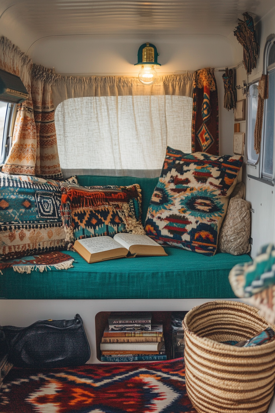 Desert-Boho Camper Reading Corner. Teal book light, Navajo-print cushion, Zuni-coil basket.