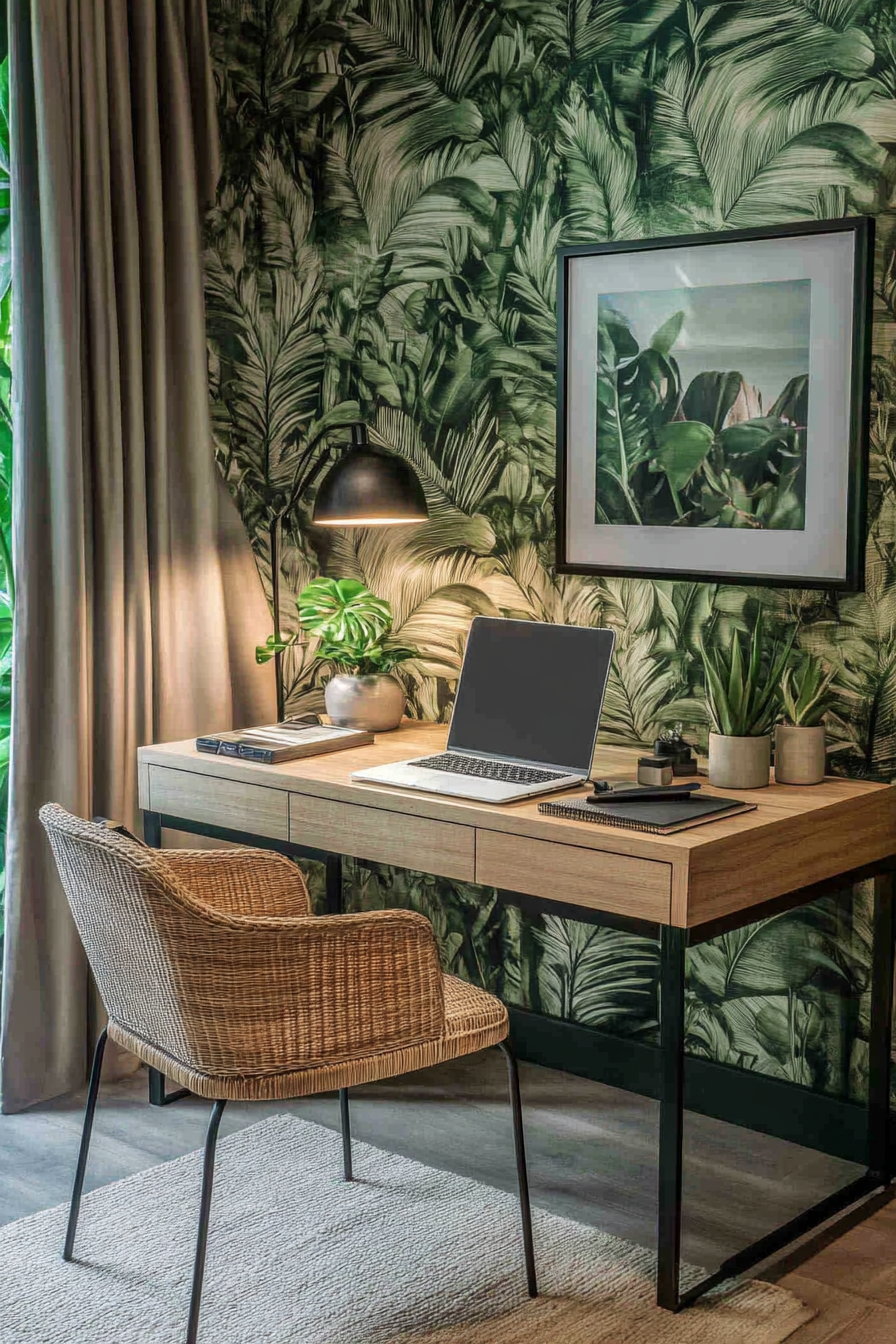 Tropical-modern tiny office. Rattan desk with artificial succulents and vertical leaf pattern wallpaper.