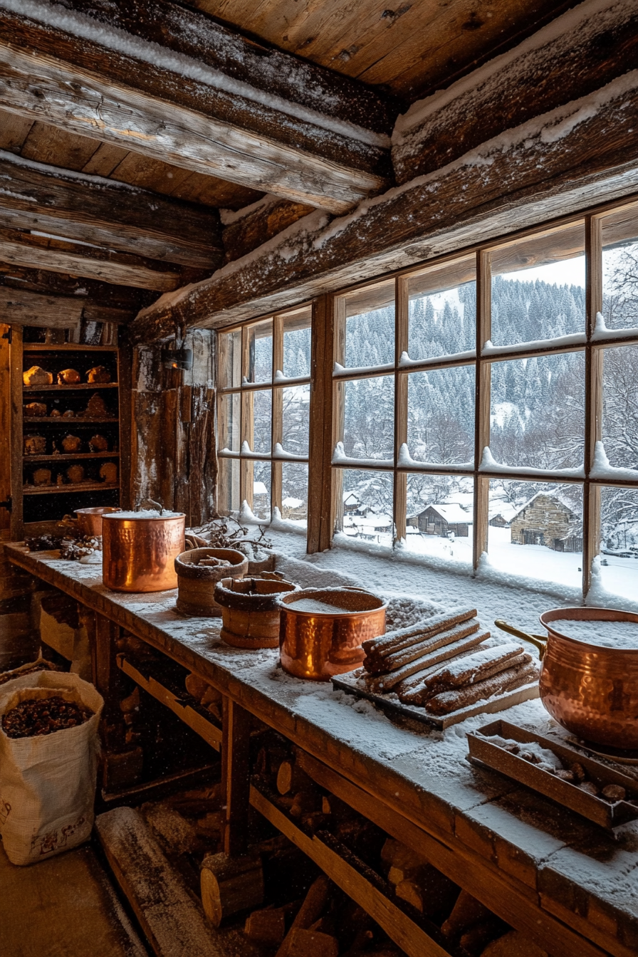 Wide angle view. Gingerbread-making space, copper pots, cinnamon bundles, snow against windows.