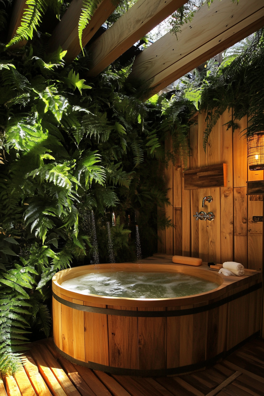 Tiny bathhouse design. Scalloped-edge wooden soaking tub surrounded by fern wall.