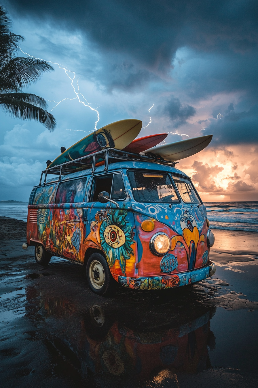 Beachy van setup. Trippy art-mural van with surfboard racks on black sand beach under lightning clouds.