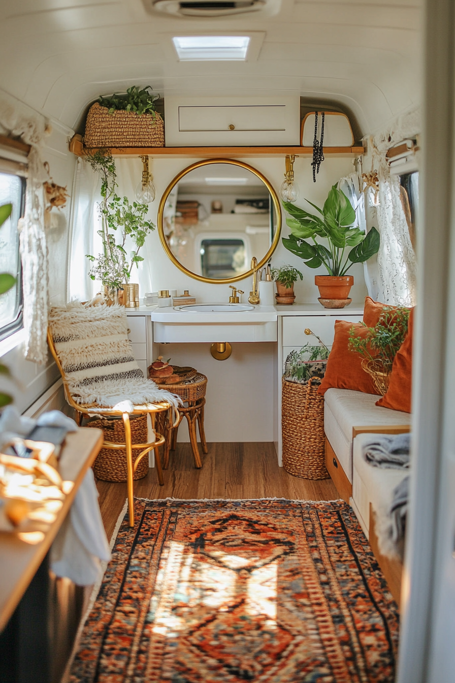 Bohemian Van Vanity Area. Brass detailed mirror, woven baskets for makeup storage, ring light.