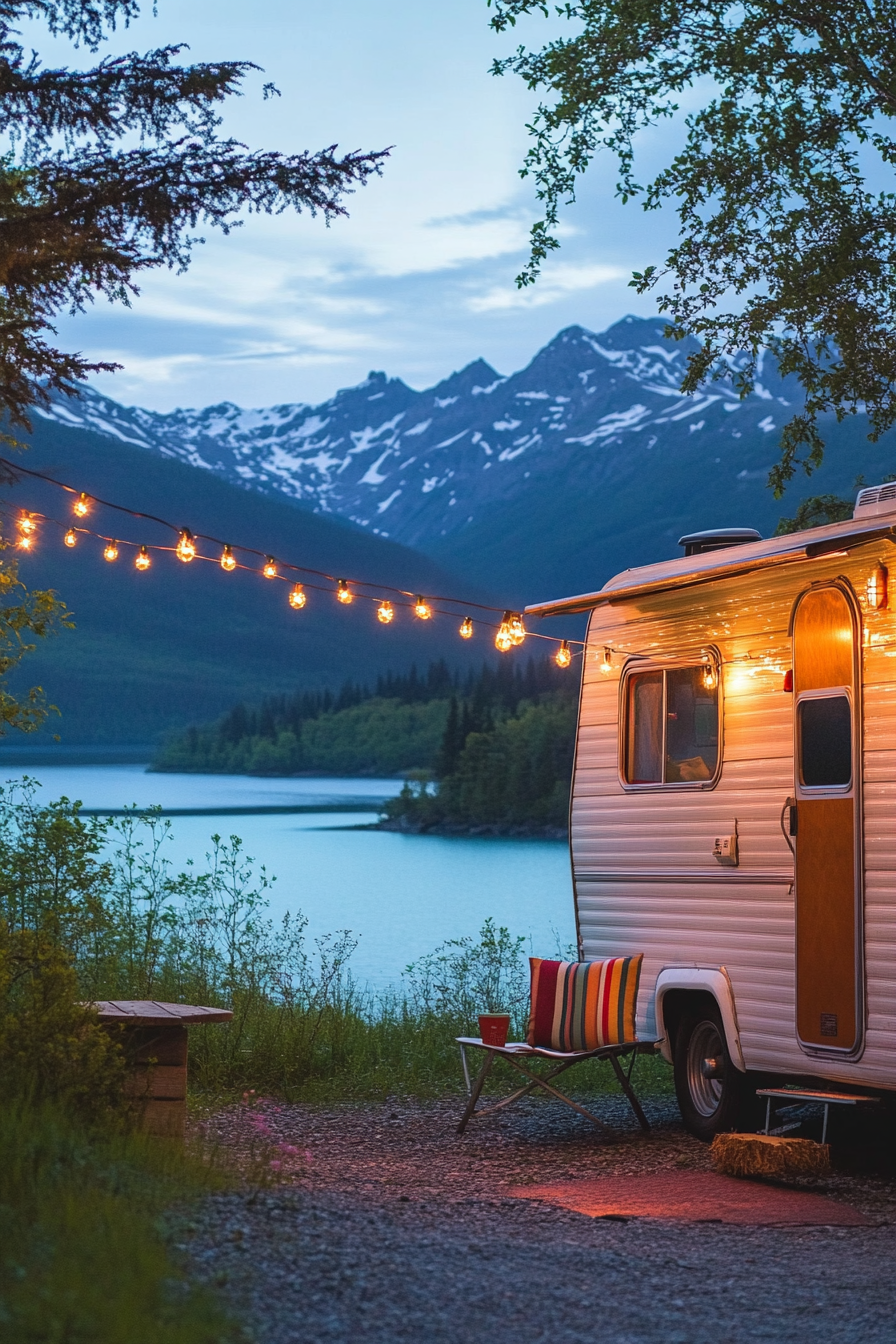 Wide angle view. Retro-styled RV entrance with metal gliders and string lights against crystal-clear mountain lake.