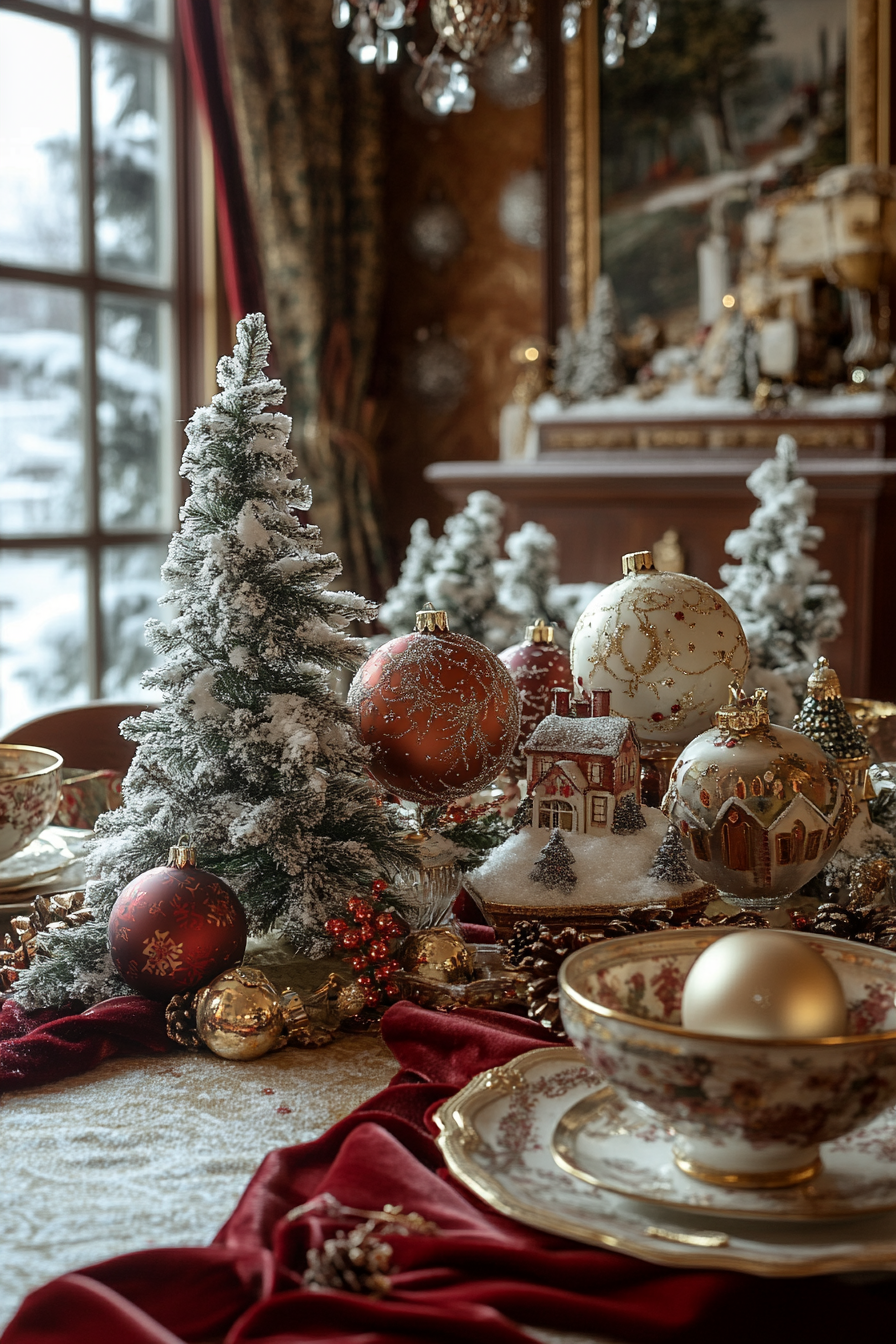 Wide angle Christmas interior. Velvet ribbons, vintage ornaments, snow-covered village view.