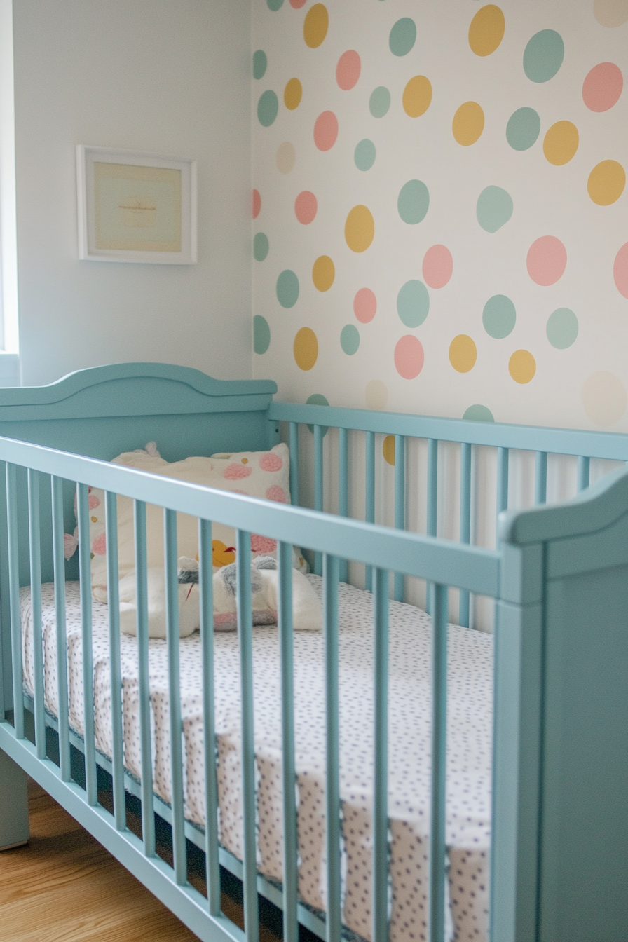 Wide angle view of baby space. Pastel-colored polka dot wallpaper and a cerulean blue crib.