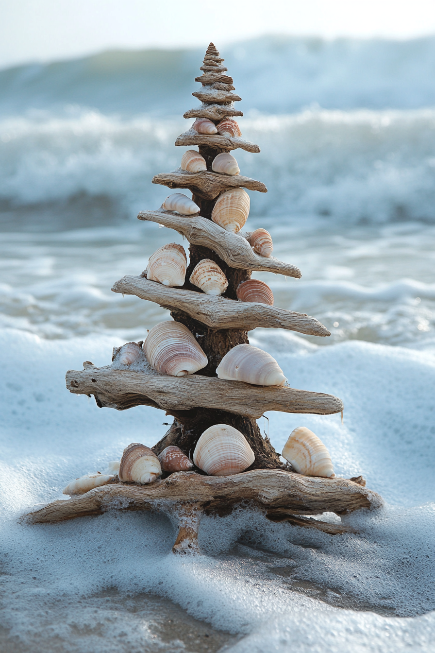 Holiday decor, driftwood tree with shell ornaments looking at icy winter beach waves.