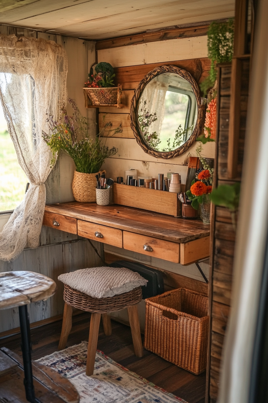 Bohemian Van Vanity Area. Rustic wood, wicker basket makeup storage, forefront ring light, antique folding mirror.