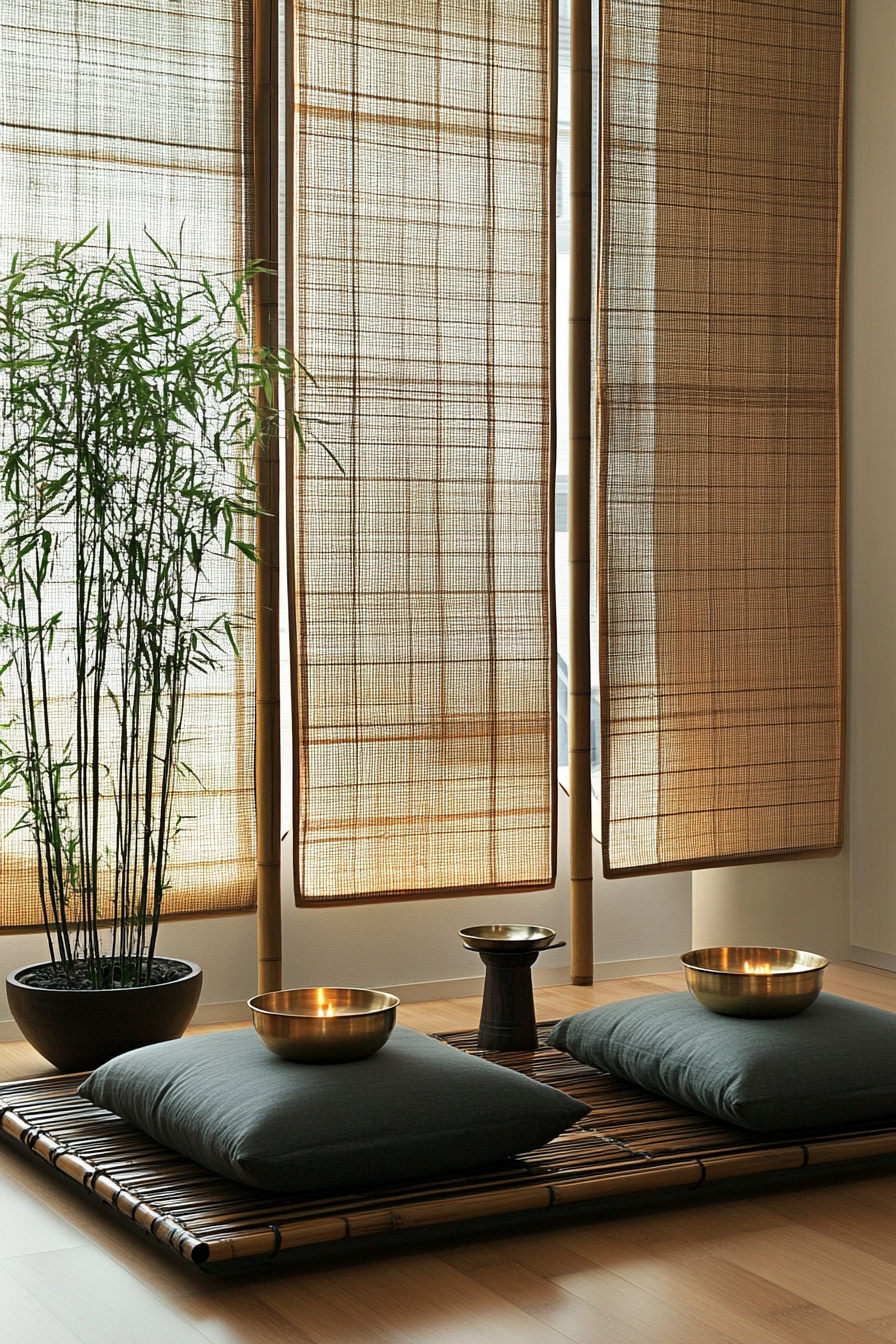 Zen-Style van meditation room. Bamboo wall divider, pillar candle, low table with Tibetan singing bowls.