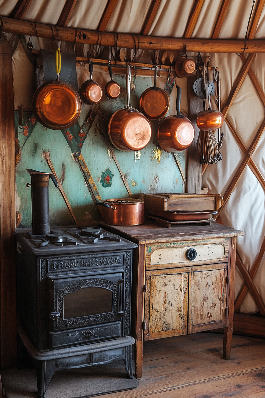 Alpine-style yurt kitchen. Antique wood stove and hanging copper pots.