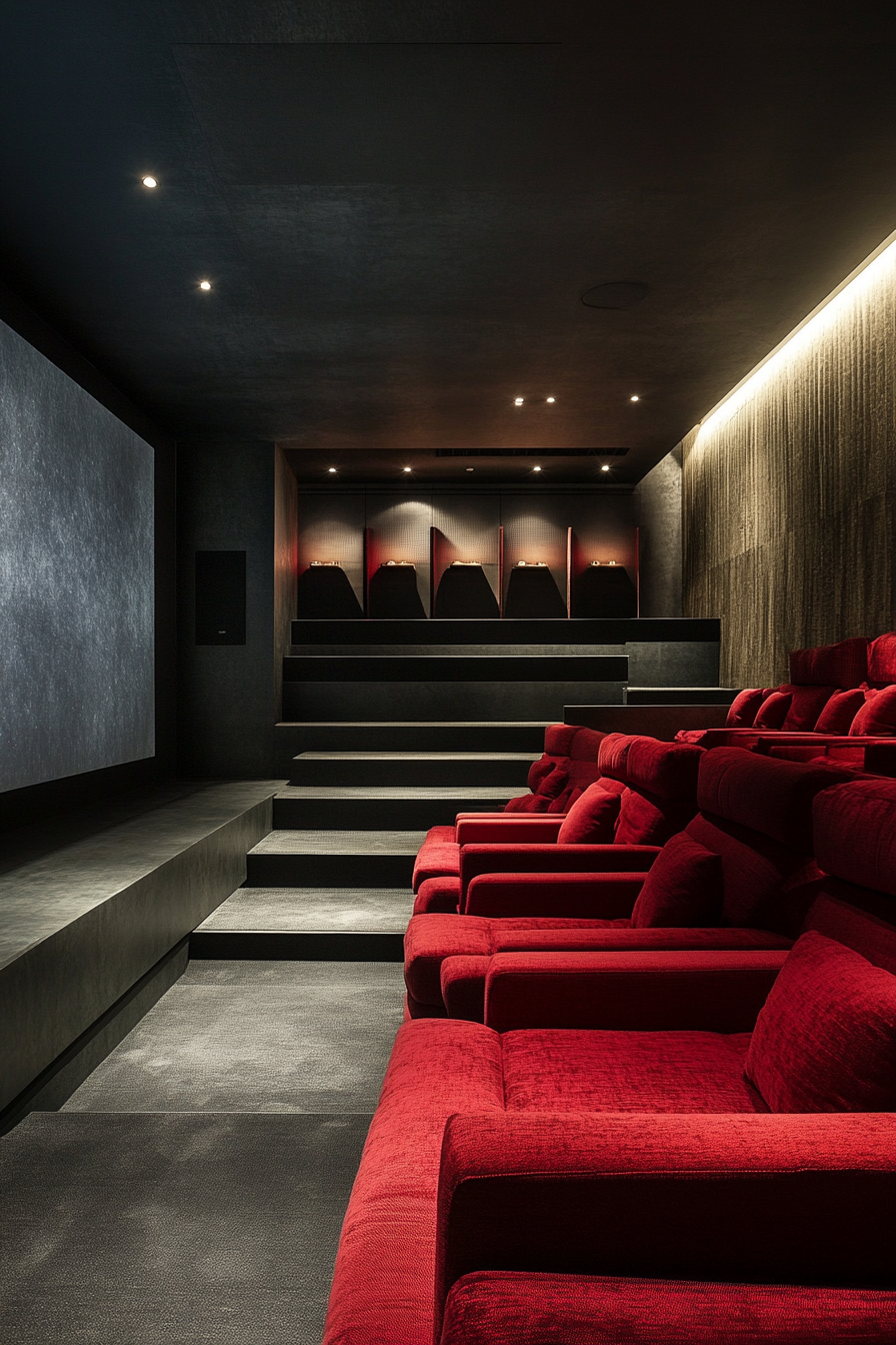 Contemporary tiny theater. Tiered crimson seats, expansive projector wall, minimalist graphite surround sound system.