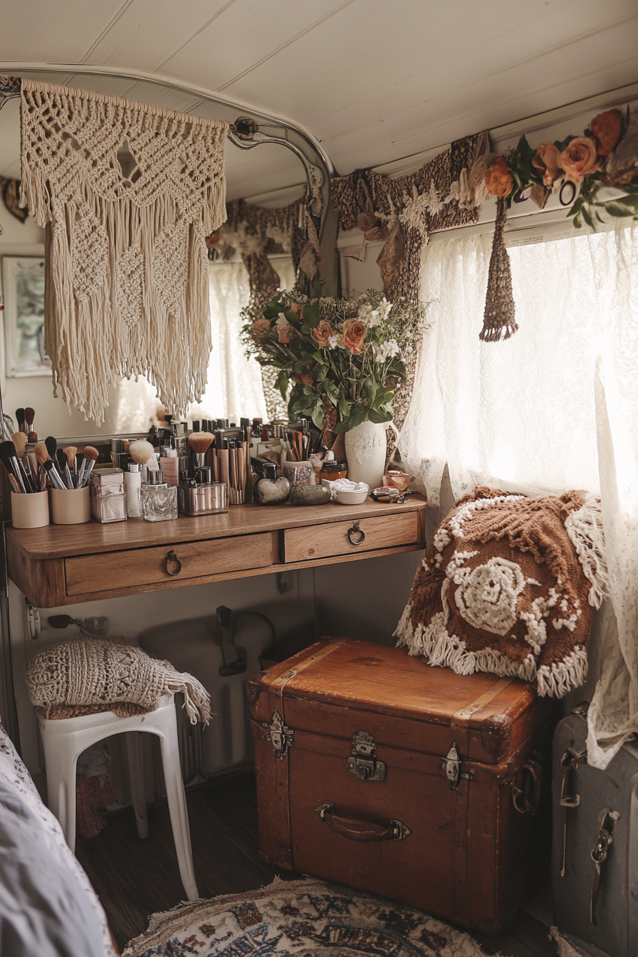 Bohemian van vanity area. Macrame wall hanging, rosewood vanity table, vintage suitcases as makeup storage.