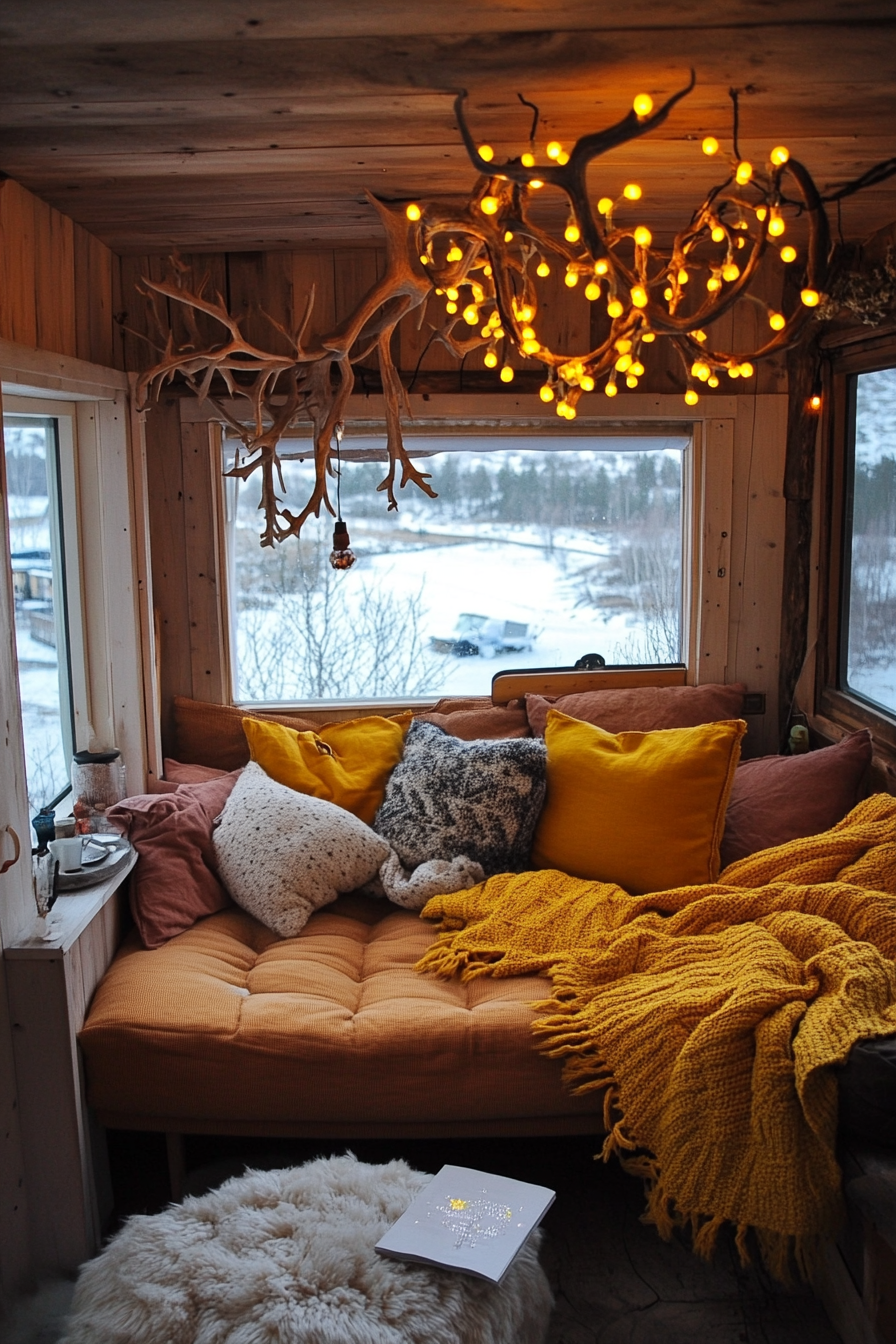 Scandinavian camper lounge. Warm wool throws, yellow fairylights on reindeer antler chandelier.