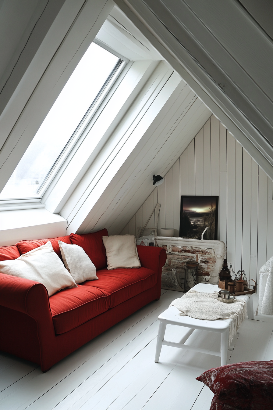 Scandinavian-inspired space. Red couch, white walls, northern lights visible through wide-angle skylight.