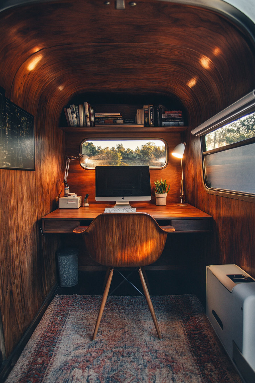 Mobile workspace. Walnut paneling, vintage Eames chair, wide-angle camera view, peak sunset lighting