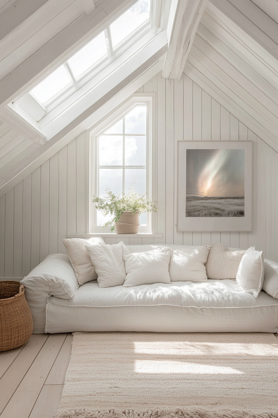 Scandinavian-inspired space. White comfy sofa under skylight showcasing Northern lights.