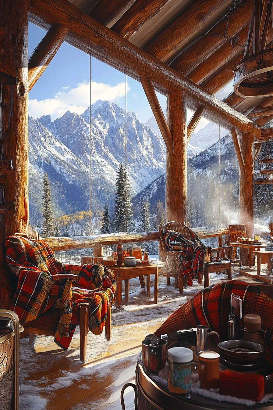 Ski lodge interior. Wool blankets draped over rustic wooden chairs, hot cocoa station positioned in foreground, snow-laden mountains visible through panoramic log-framed window.