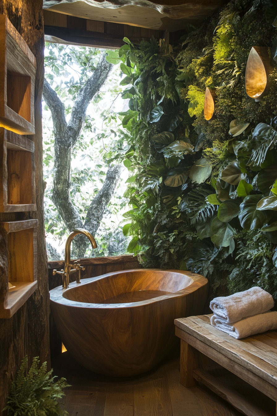 Tiny bathhouse. Teakwood tub, philodendron plant wall, cedar meditation bench.