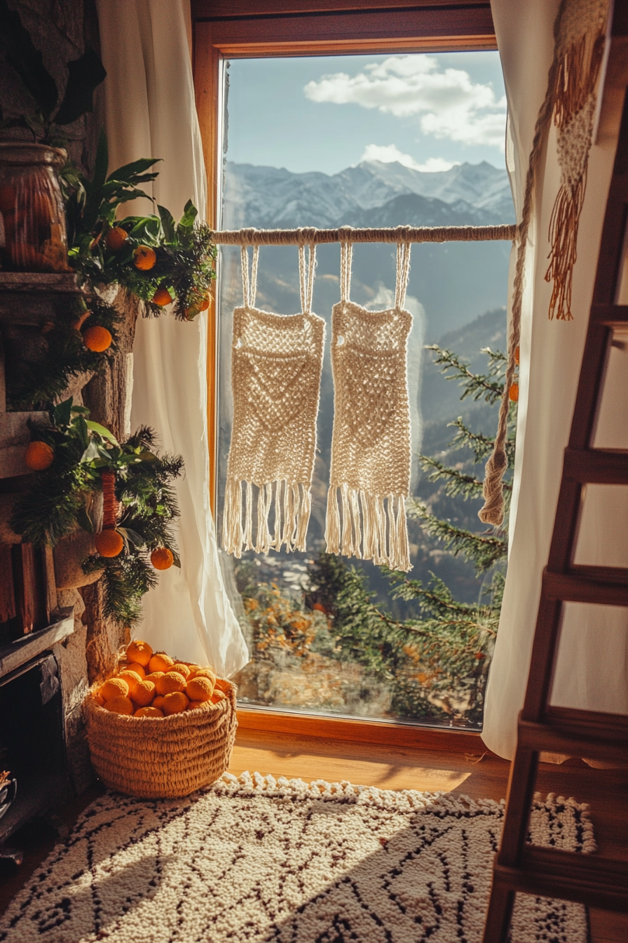 Holiday space. Macramé stockings by the window, dried orange garlands, sunset over the mountains.