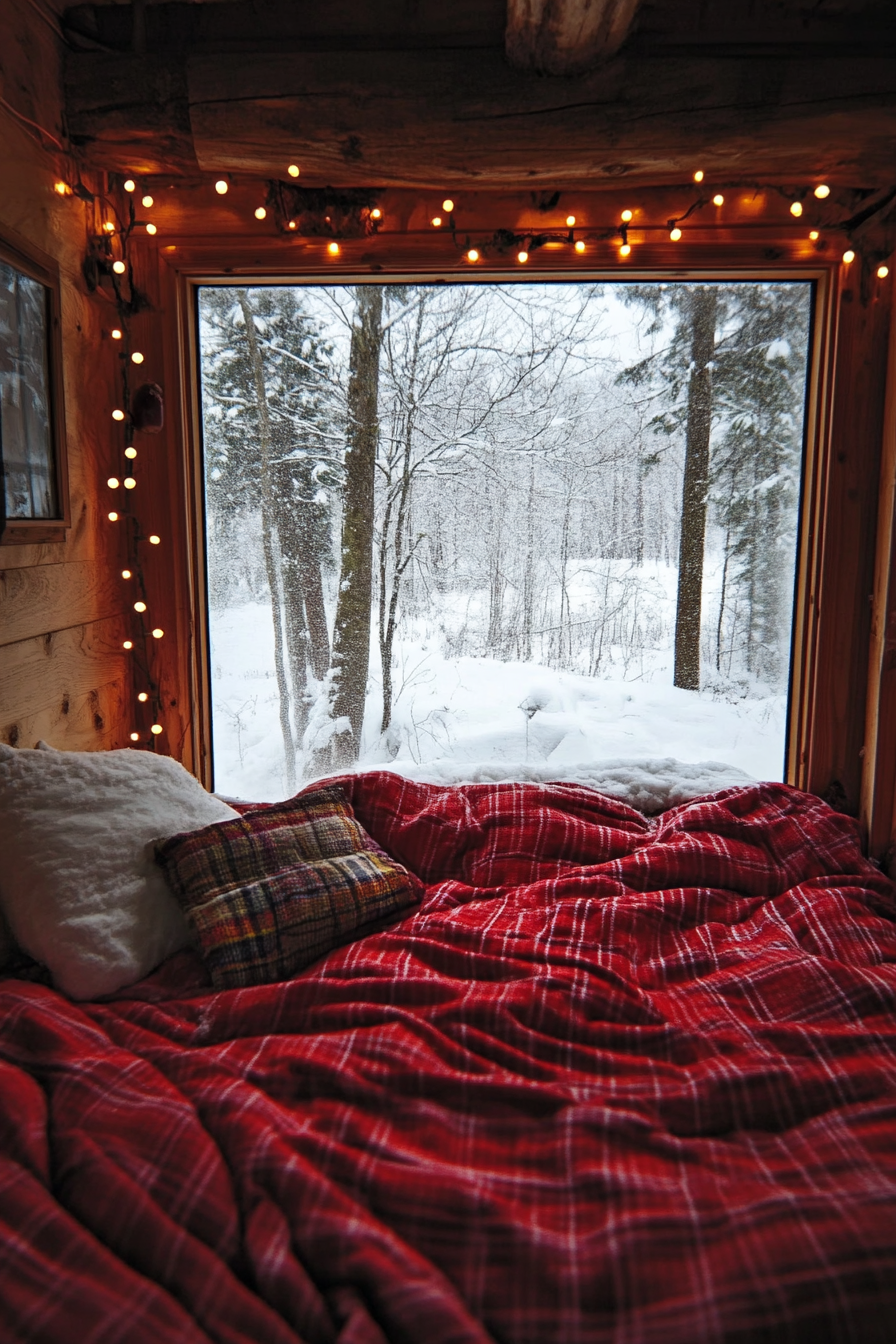 Wide angle view. Red flannel bedding, sleeping nook with string lights, snowy landscape outside.