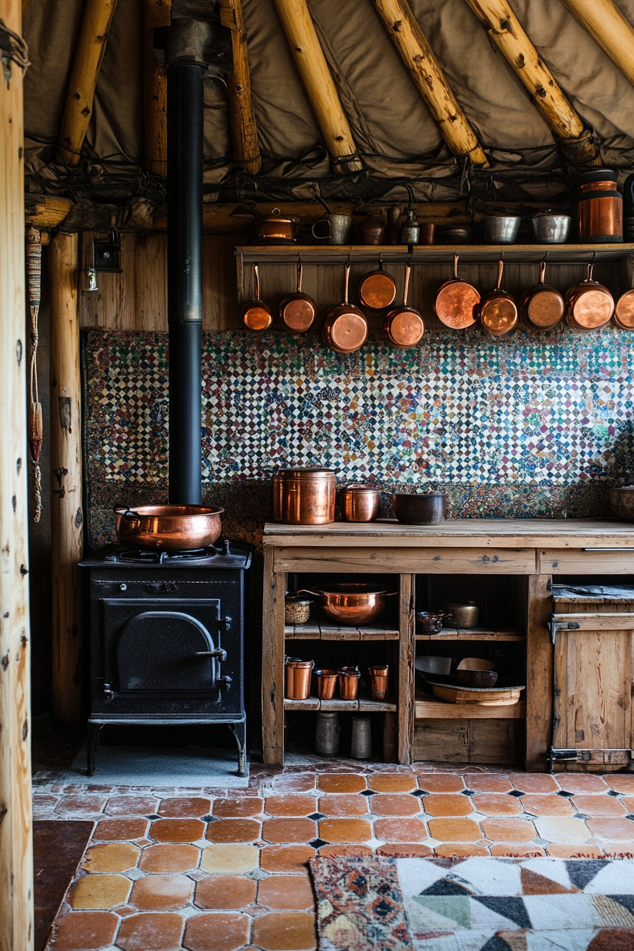 Alpine-style yurt kitchen. Wood stove, copper pots, spice wall, terracotta tile floor.