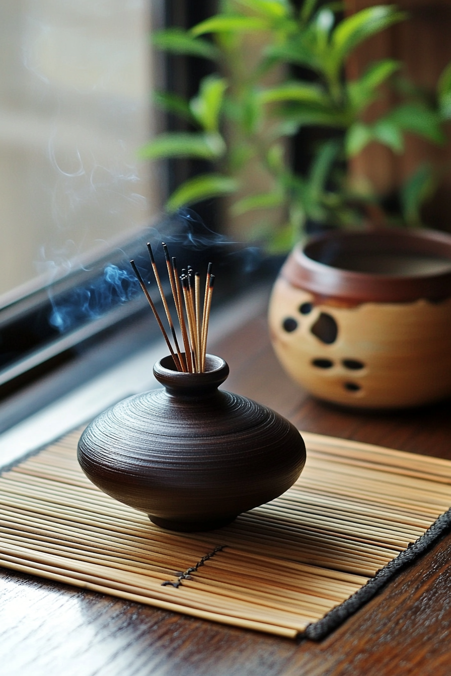 Zen-style van meditation room. Dark mahogany incense holder on bamboo mat.