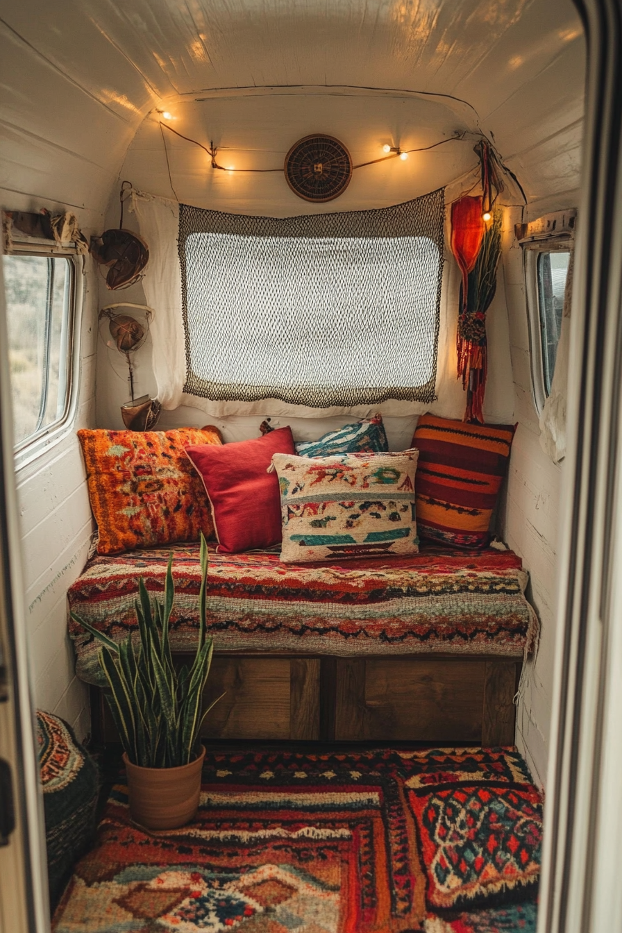 Desert-Boho Reading Corner. Southwest textiles, wiremesh book lights, multicoloured floor cushions, rustic camper backdrop.