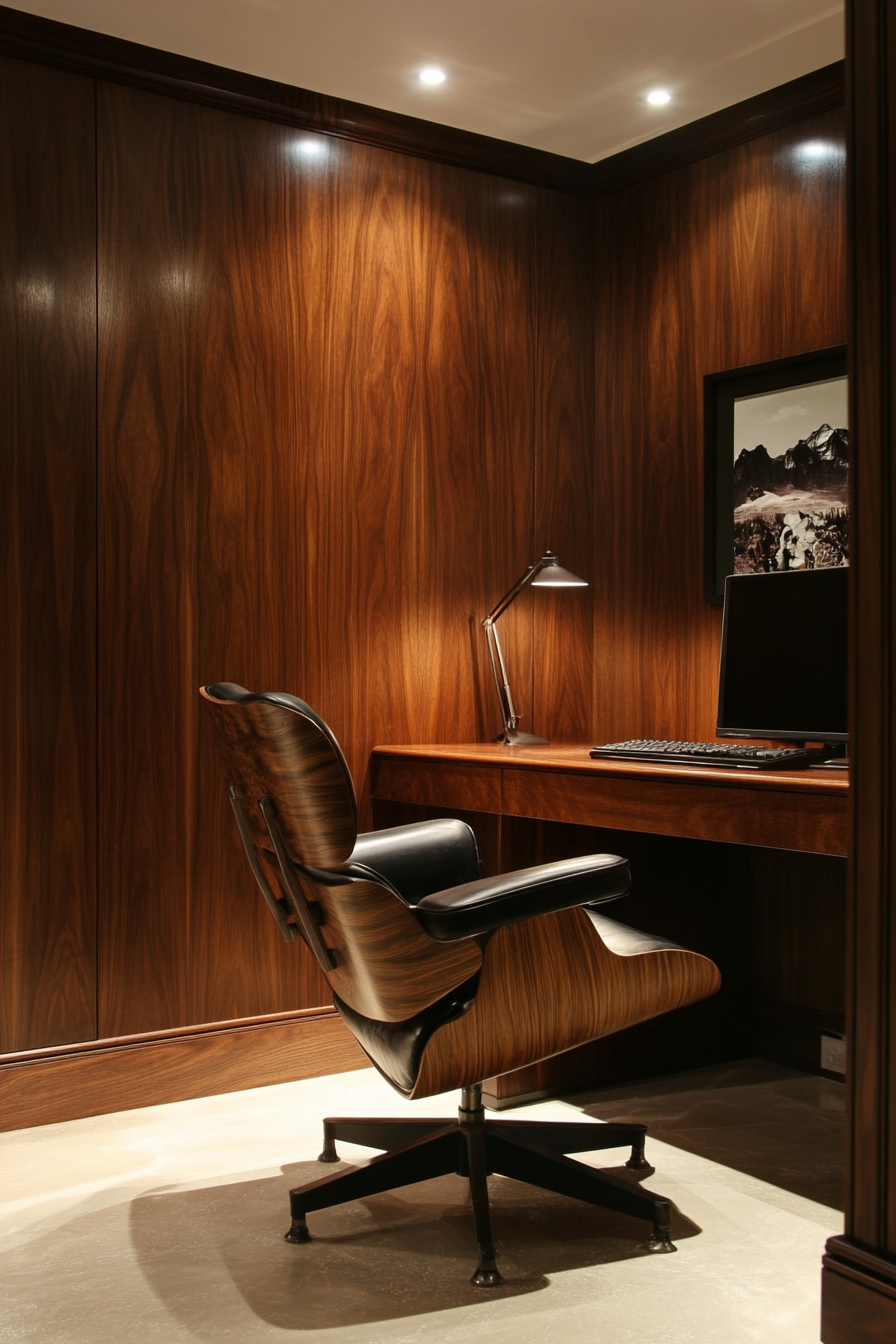 Mobile workspace. Walnut paneling, vintage Eames chair, corner dramatic lighting, wide angle view.