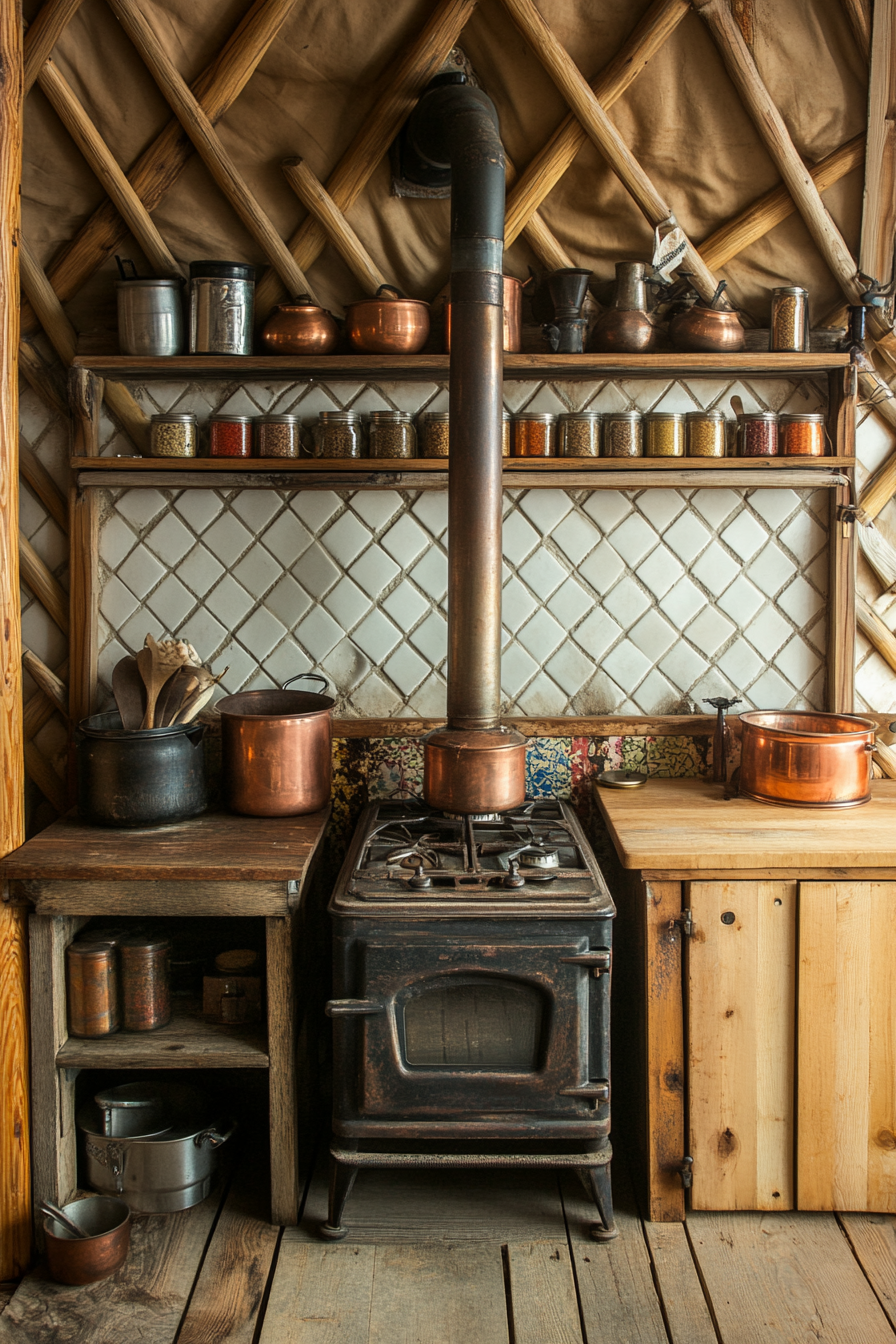 Alpine-style yurt kitchen. Teak wood stove nestled among polished copper pots under a spice wall.