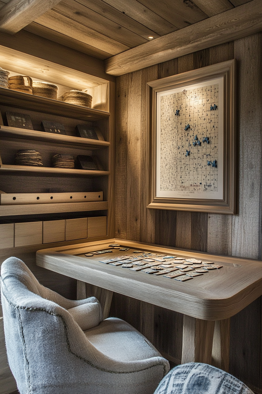 Tiny game room. Nautical-themed card table, driftwood board storage, sand-colored puzzle station.