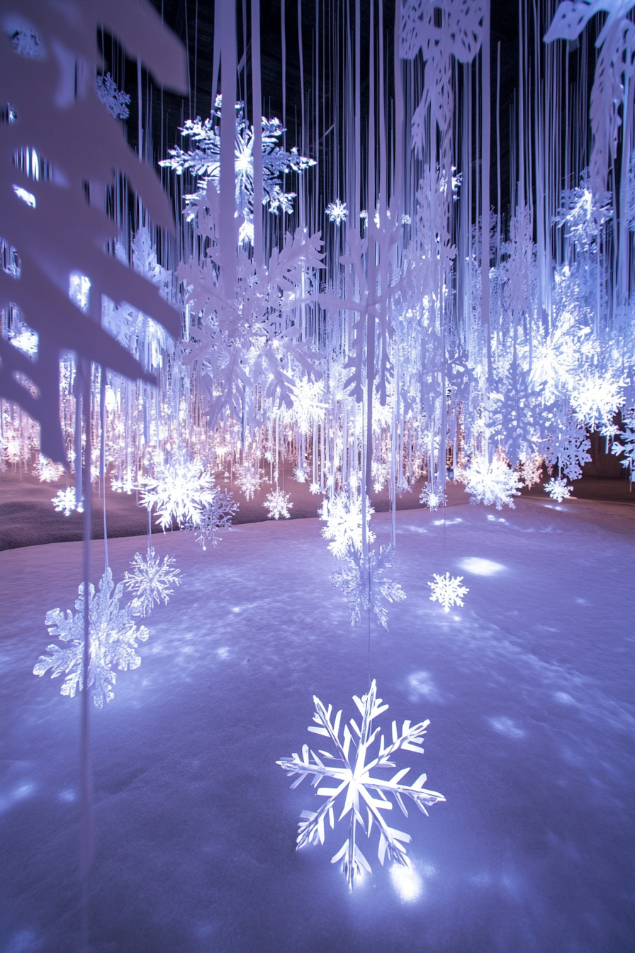 Wide angle view. Modern Christmas décor in frosted valley, illuminated with white lights and paper snowflakes.