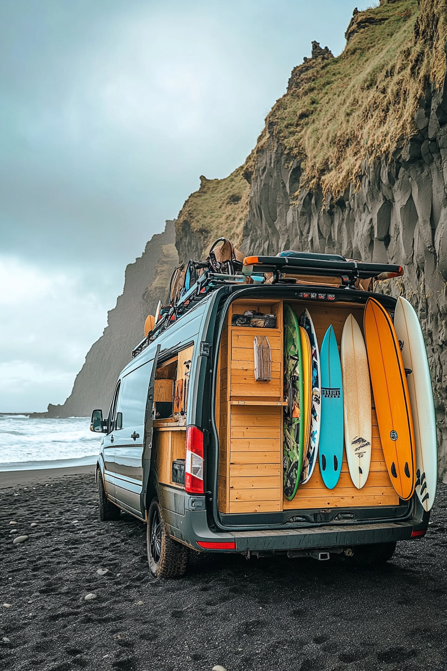 Wide angle view, beach van setup with surfboard racks, outdoor shower, on a black sand beach.