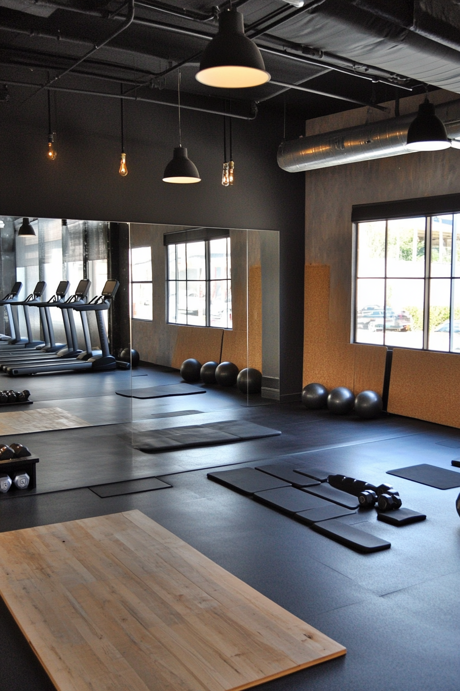 Contemporary Tiny gym. Mirror wall, treadmills, kettlebell corner, spacious stretch area.