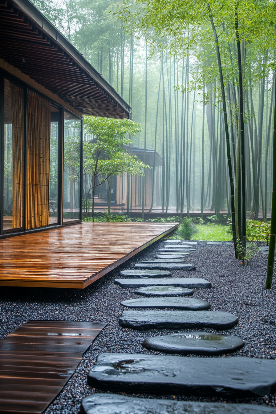 Minimalist tiny house deck. Bamboo screens, rock garden, set in misty bamboo forest.