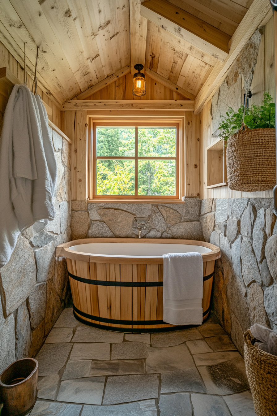 Wide angle view. Natural tiny house bathroom, wooden soaking tub, stone elements.