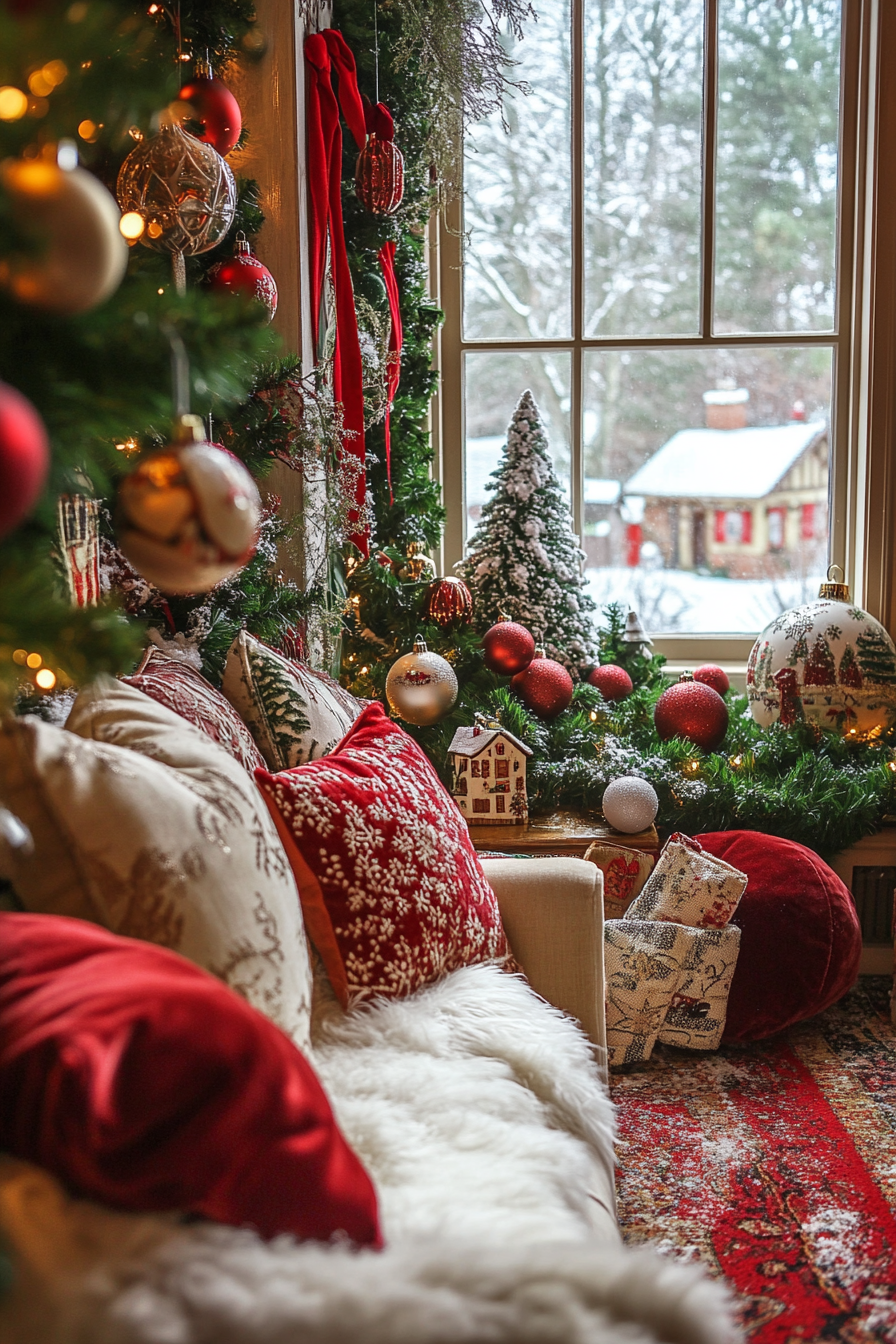 Wide angle Christmas interior. Vintage ornaments, velvet ribbons, snow-covered village view.