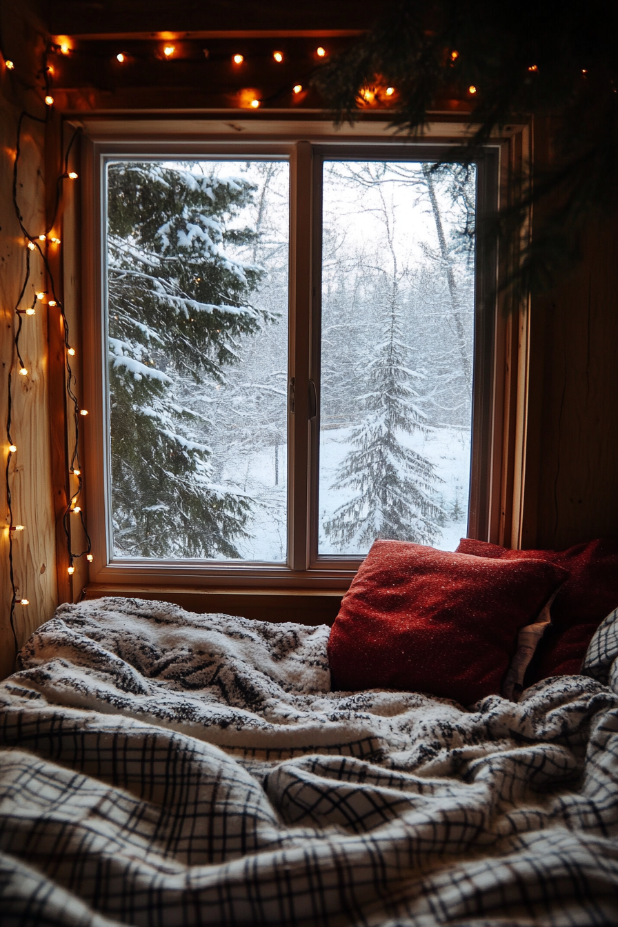 Wide angle view. Flannel bedding, string lights, snowy pine trees outside window.