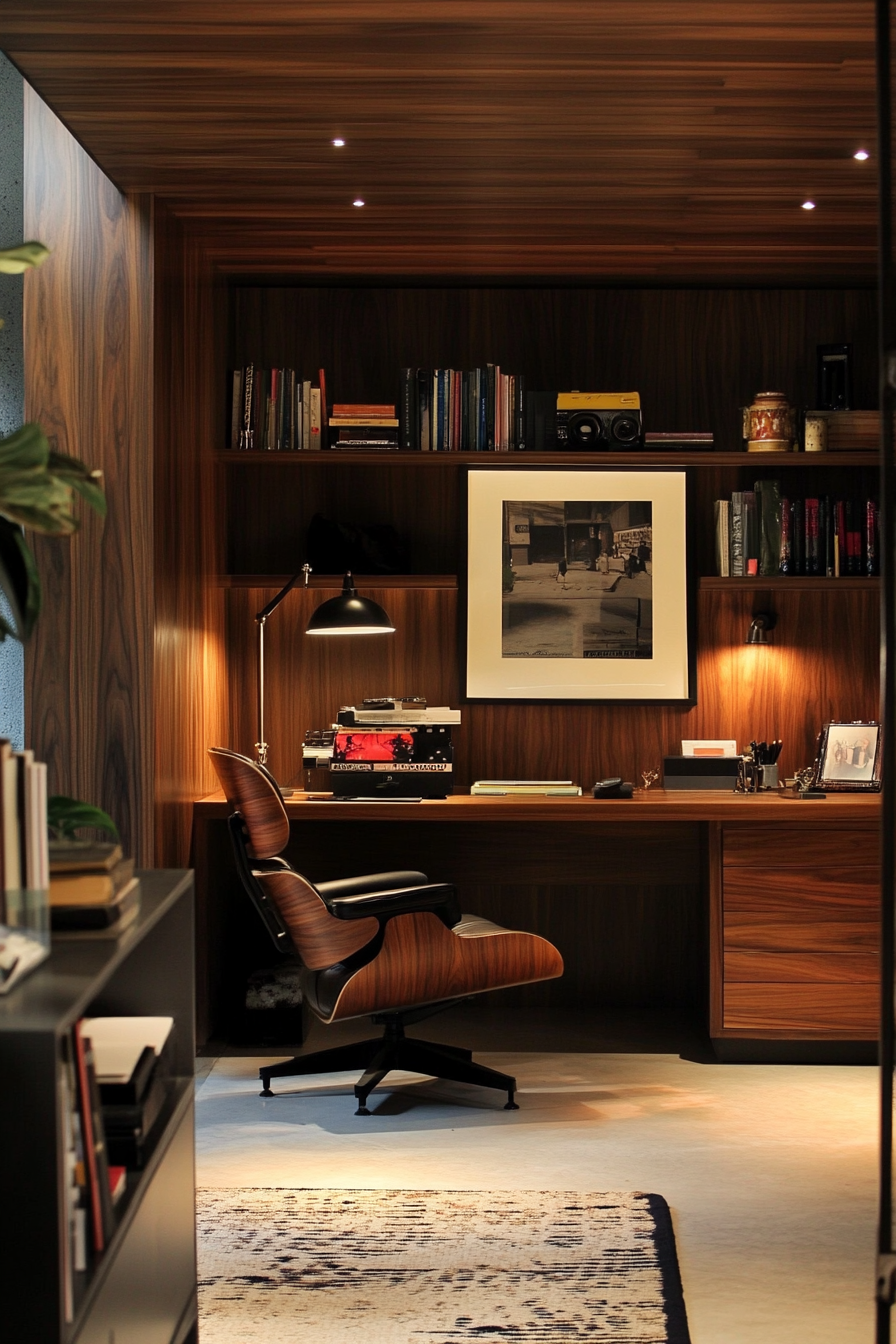 Wide angle workspace. Walnut paneling, vintage Eames chair, dramatic lighting.