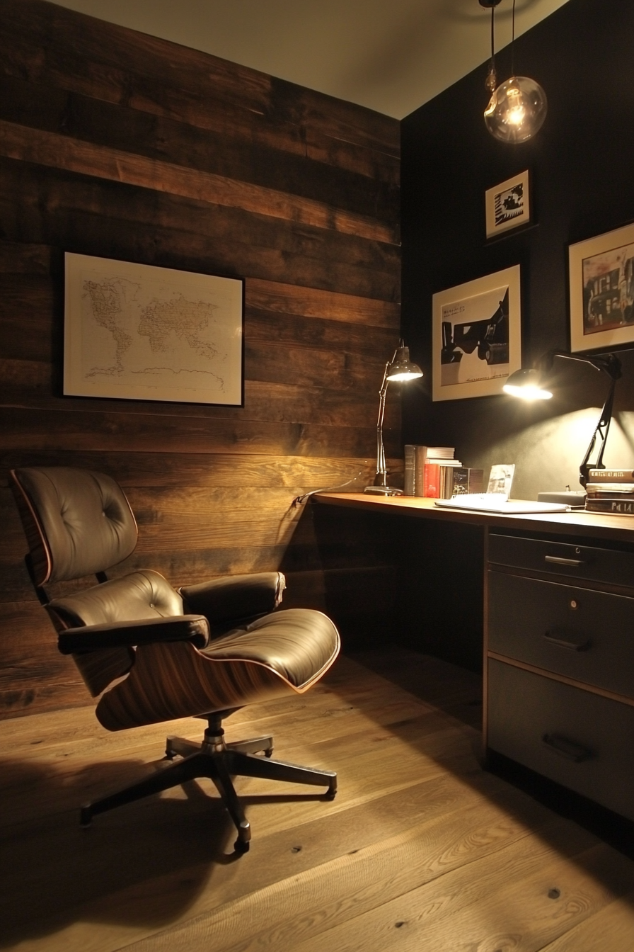 Wide-angle mobile workspace. Walnut panels, vintage Eames chair, low, warm lighting.