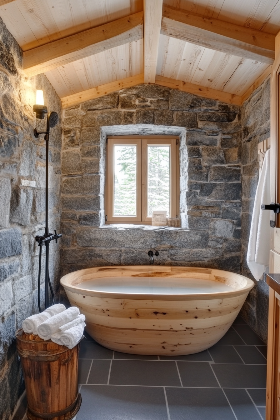 Natural tiny house bathroom. Wooden soaking tub and grey stone wall.