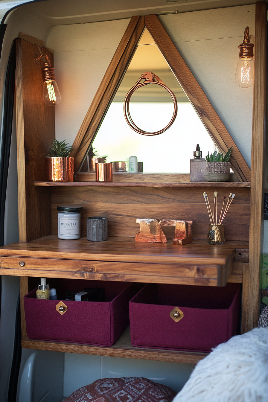 Bohemian van vanity. Cypress wood, burgundy storage, copper ring light, triangular folding mirror.